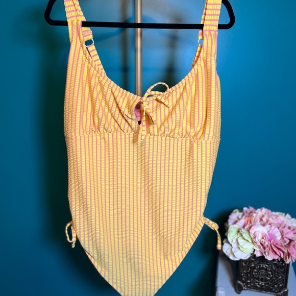 Yellow and Pink One Piece Swimsuu with Adjustable Straps and Sweetheart Neckline - Picture 1 of 4